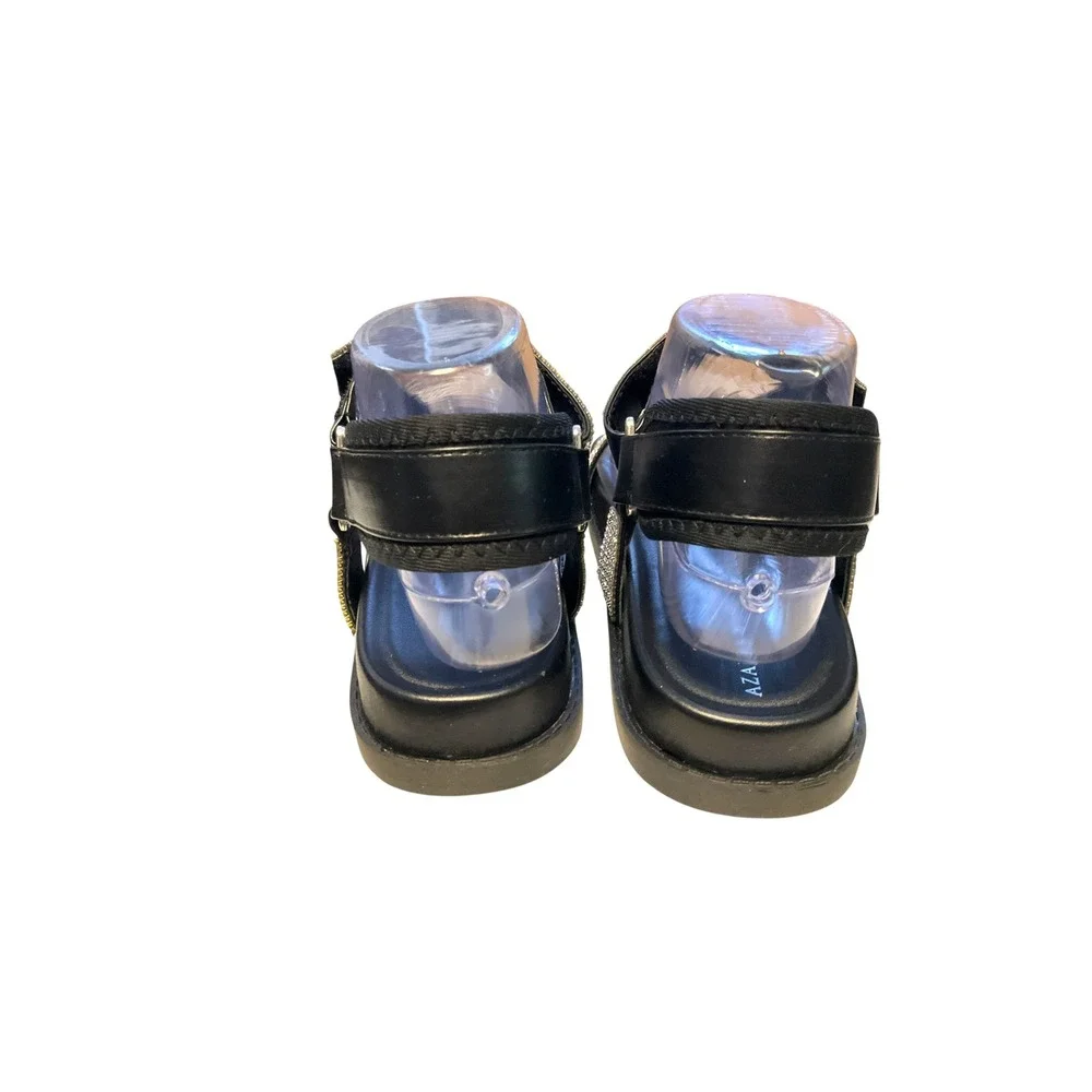 Azalea Wang Black Rhinestone‎ Embellished Flat Sandals Velcro Straps SZ 8  (#4)